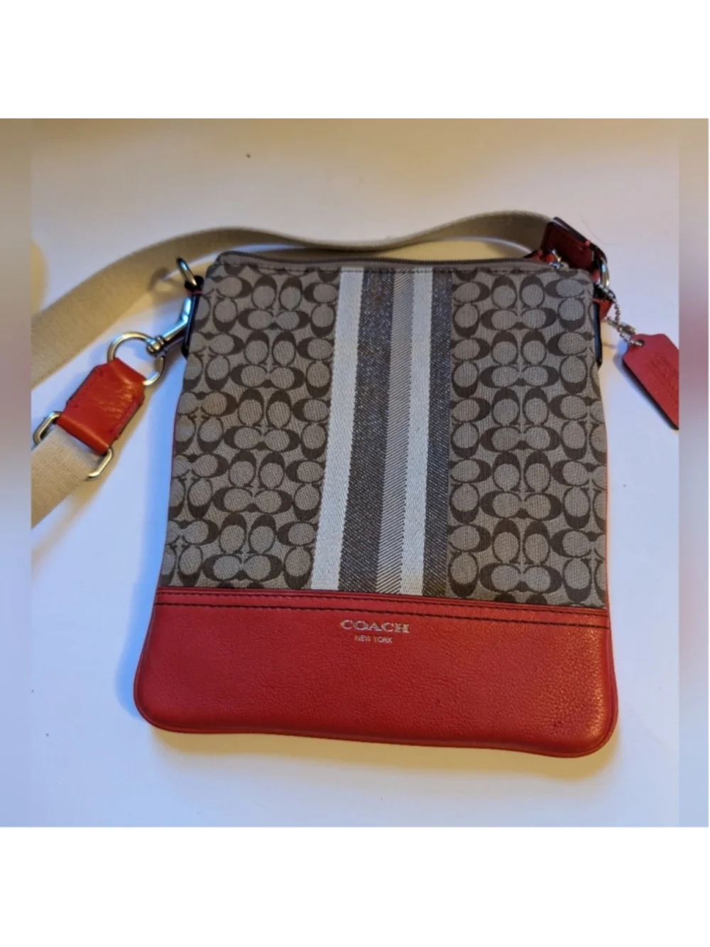 Coach Signature Stripe Swingpack Crossbody Bag In VGUC
